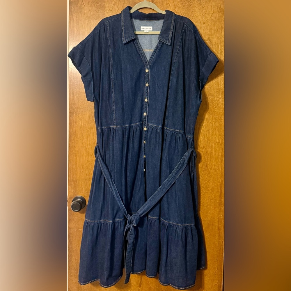 Ava & Viv Button-Front Denim Dress with Tie Waist